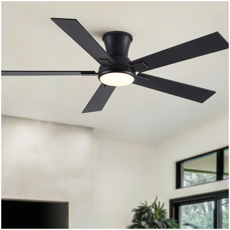 52" Matte Black Modern Low Profile Flush Mount Intergrated LED Ceiling Fan with Light and Reversible Quiet Motor