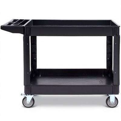 Utility Service Cart, 2 Shelf 550LBS Heavy Duty Plastic Rolling Utility Cart with 360 Swivel Wheels (2 with Brakes), Large Lipped Shelf, Ergonomic Storage Handle for Warehouse/Garage/Cleaning