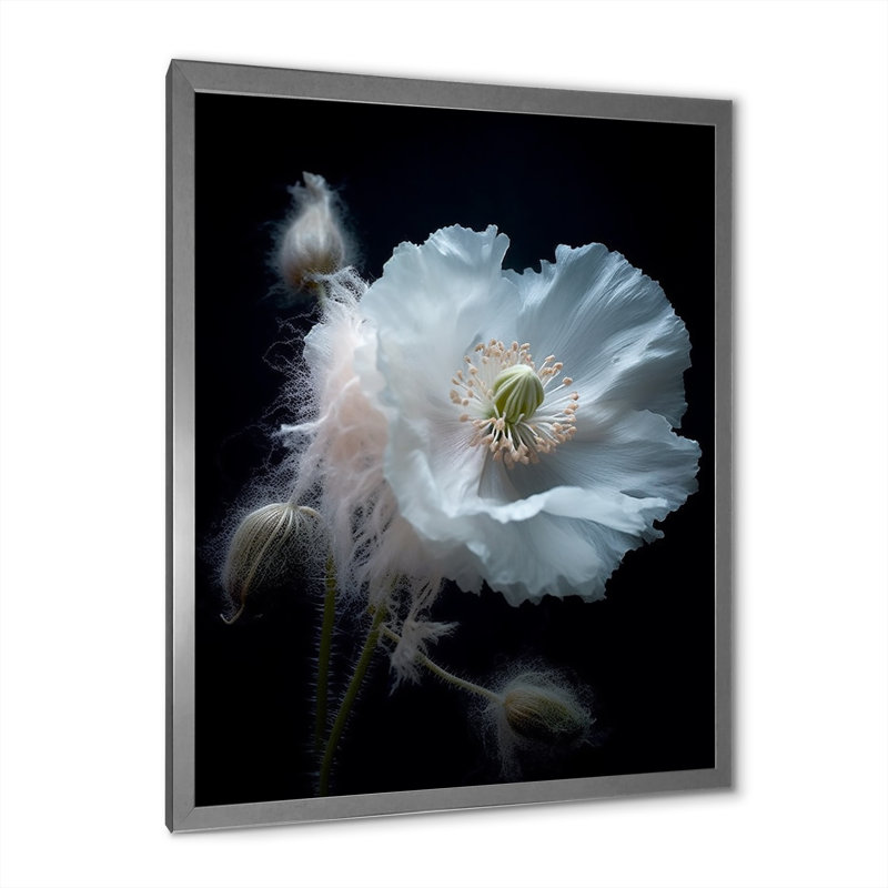 Coquelicots vibrants noirs et blancs sur toile, Cadre photo argenté, H 40 po x l 30 po x P 1,5 po