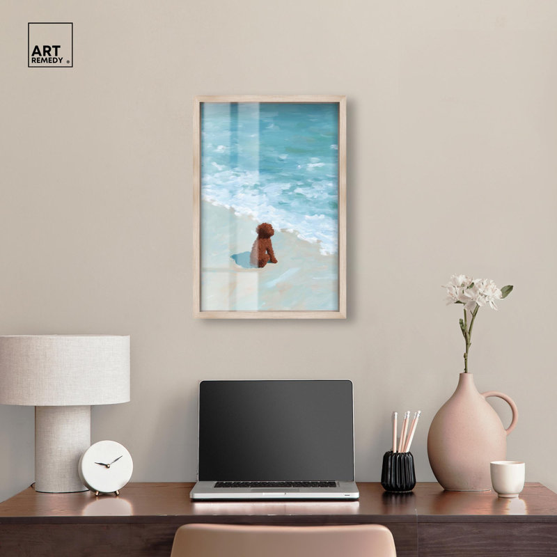 «Dog and the Sea II Shadowbox Print Coastal Glam Decor» par Art Remedy, cadre noir, 10 x 15, H 25 po x l 17 po, Cadre blond