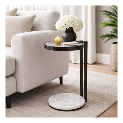 Table d'appoint en métal noir avec plateau en verre et base en marbre blanc - table d'appoint moderne, 10 po x 10 po x 23,25 po