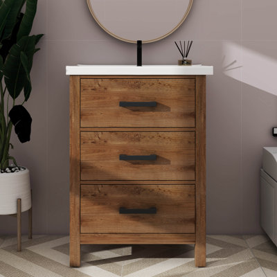 24'' Bathroom Vanity With Ceramic Basin Sink, Modern Bathroom Storage Unit Comprising 3 Drawers