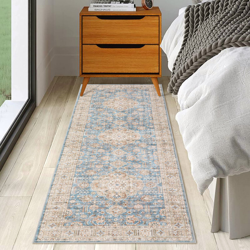 Medallion Runner Rugs 2x6 Narrow Distressed Floor Mats with Non Slip Backing, Stain Resistant Vintage Printed Accent Rugs, Foldable Thin Indoor Carpet for Hallway, Bedroom, Laundry, Blue