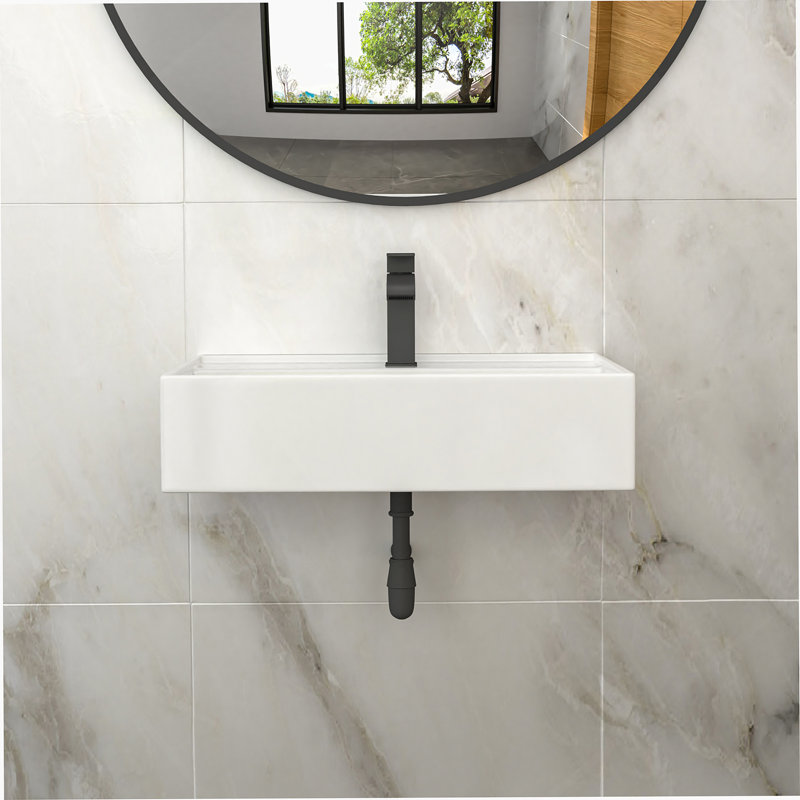 24"X16" White Ceramic Rectangular Wall Mounted Bathroom Sink With Faucet Hole And Overflow