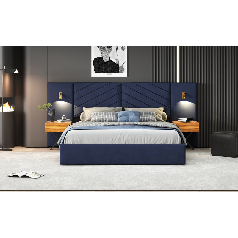 Élégant lit plateforme très grand avec peau - Matériau et lampe - Tissu bleu rétro, King