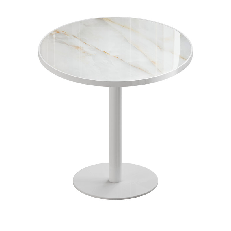 Table bistro tulipe ronde et moderne avec plateau en faux marbre, structure en métal robuste et facile à assembler, Blanc