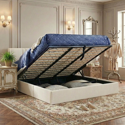 41.7" Velvet Curved Wingback King Bed Frame with Hydraulic Lift, No Box Spring Needed, White