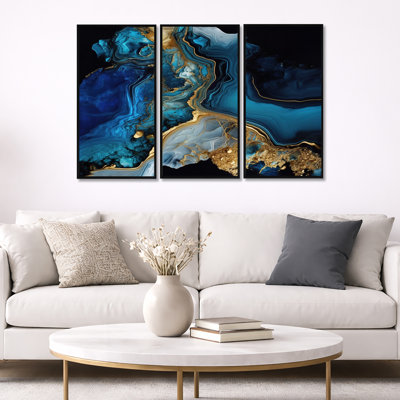 Géode abstraite dorée et marbre bleu IV - 3 pièces sur toile