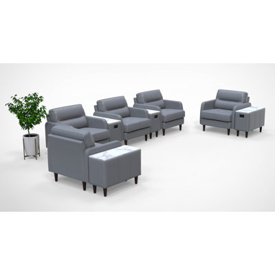 5 Person Waiting Room Reception Chairs Set 100% Genuine Leather 9Pc Set Color Gray