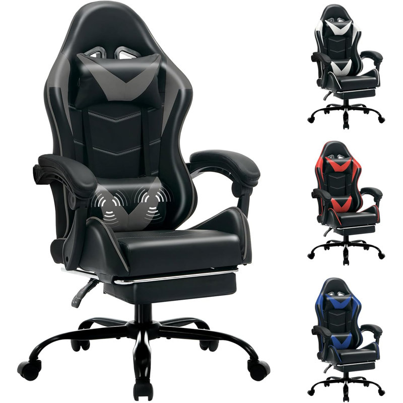 Easily Assembled Gaming Chair with Comfortable Reclining Backseat and Lumbar Support Massager, Gray