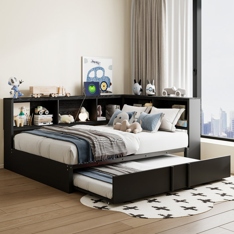 L- Shaped Metal Daybed with 5 Built-in Storage Cabinets, 2 Standard Plug Outlets and 2 USB ports, Pull out Trundle Bed Included