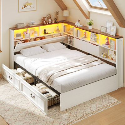Structure de lit double avec tiroirs de rangement et tête de lit à bibliothèque dissimulée, station de charge et lumières à DEL, lit de jour en bois de ferme pour enfants adolescents, aucun sommier nécessaire, blanc antique