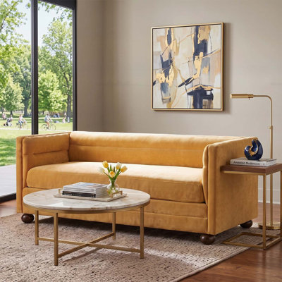 77.2 Inch Modern 3 Seater Chenille Upholstered Sofa with Square Arms, Camel Back, and Brown Rubber Wood Legs for Living Rooms and Apartments, Yellow