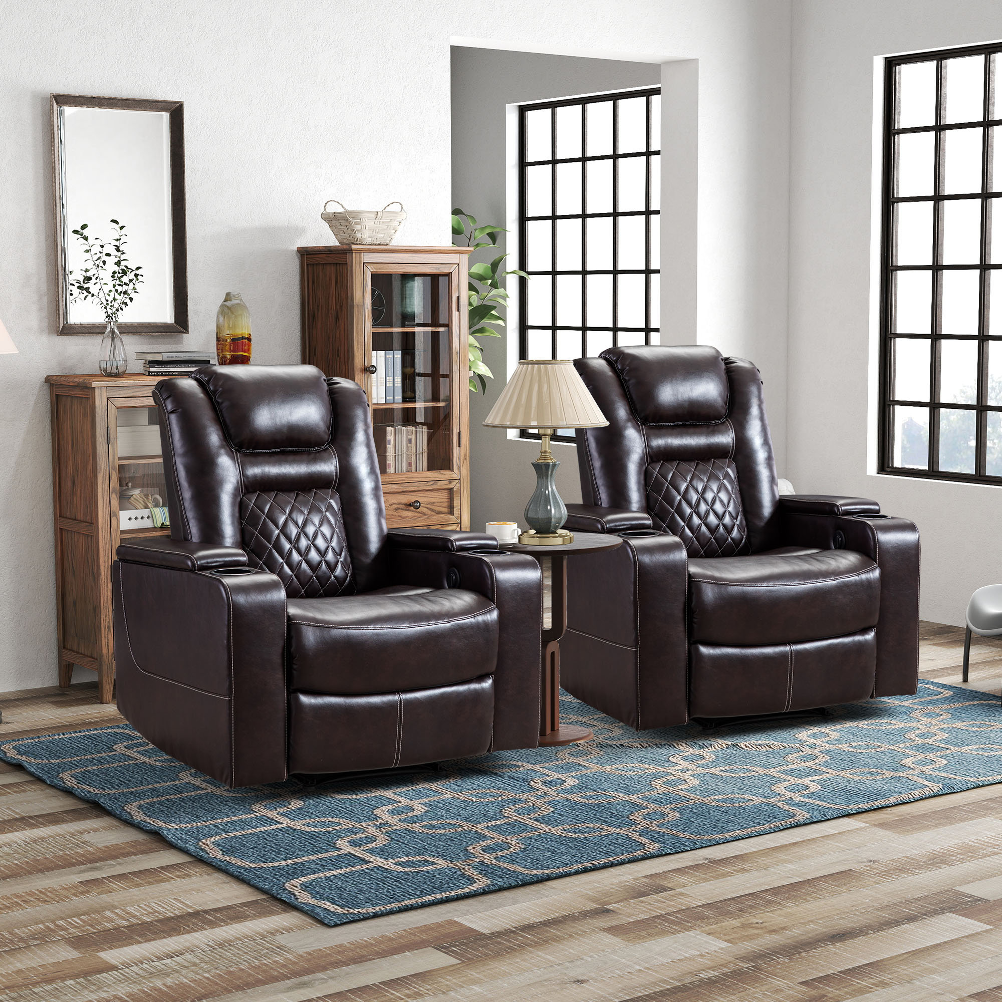 Red Barrel Studio® Wide Luxurious Individual Seat Faux Leather  Recliners Man Cave Home Theater Seats with USB Cup Holders Arm Storage 