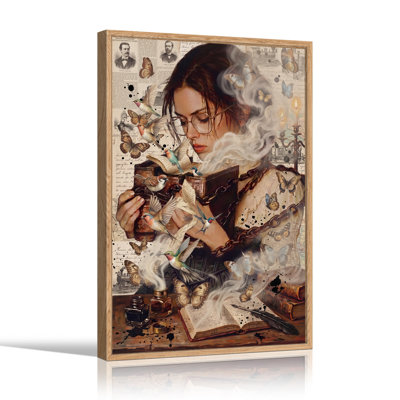 Femme avec lunettes, lecture d'un livre rétro avec art d'Halloween sur toile