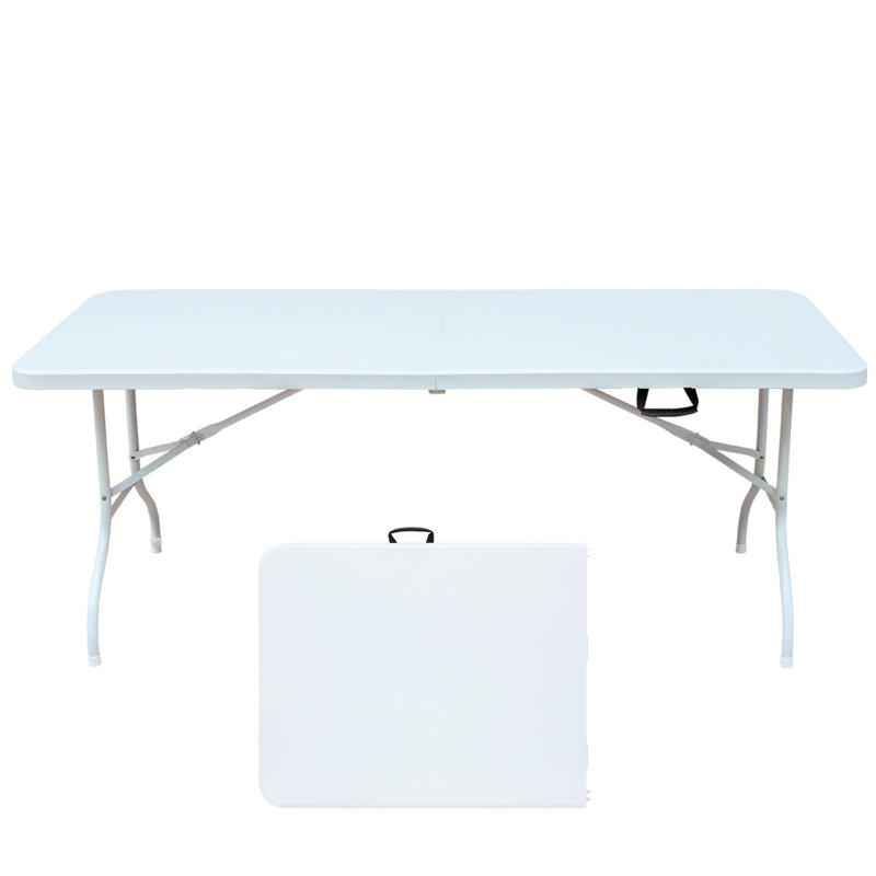 Table pliable portative de 6 pi pour le camping, les pique-niques et les fêtes. Plastique très résistant. Plateau de table lisse et imperméable. Structure triangulaire stable. Trois hauteurs flexibles. Léger, avec poignée de transport.