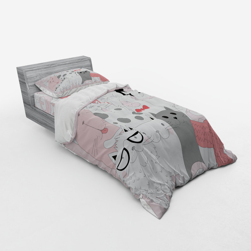 Pale Pink and White Cat Doodle Twin XL Duvet Set