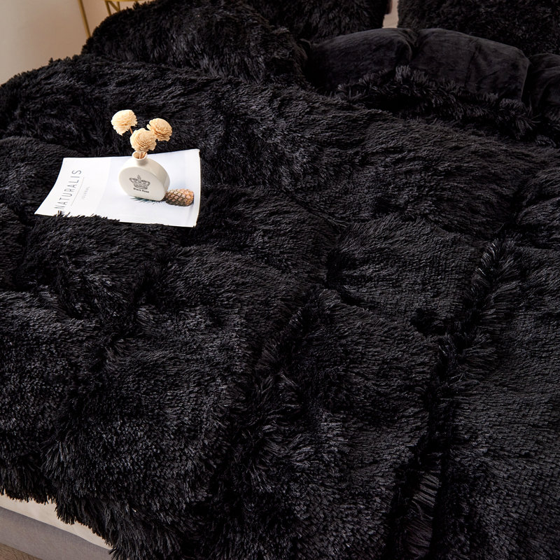 FFDC1217 Plush Shaggy Duvet Cover Set, Queen Duvet Cover + 4 Additional Pieces, Black