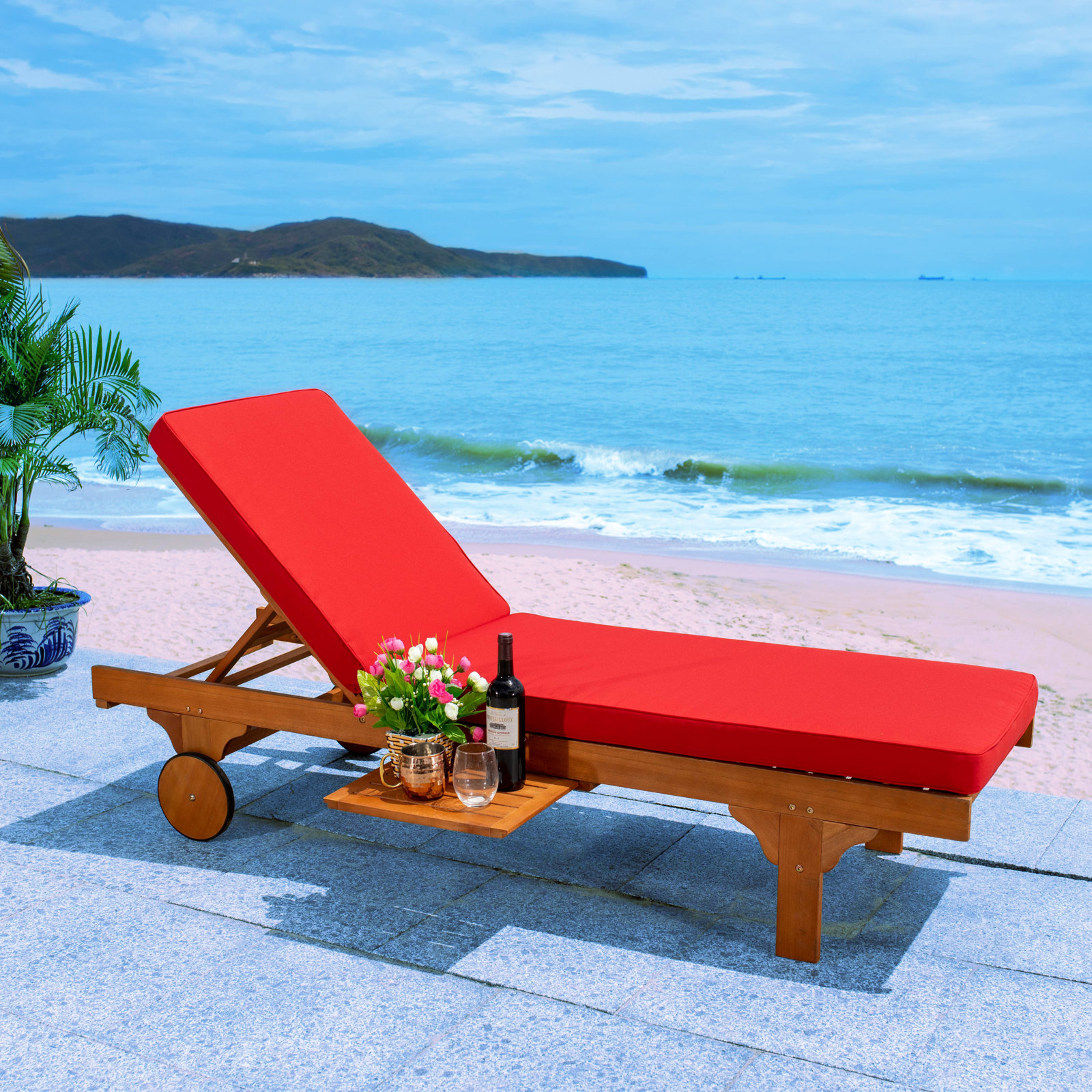 27.6'' Outdoor Eucalyptus Chaise Lounge, Natural, Red