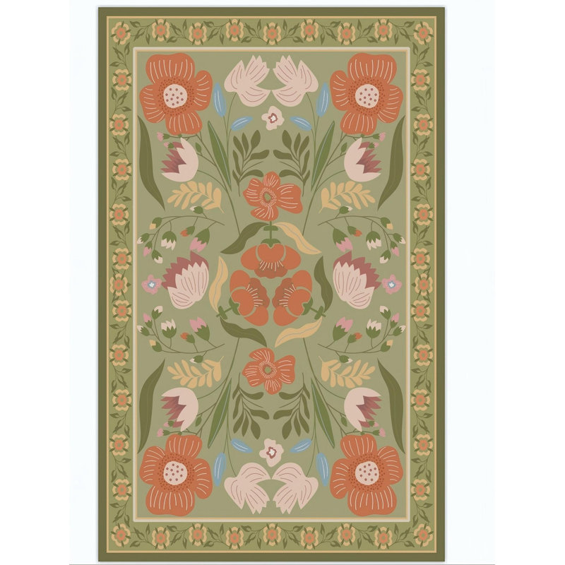 Tapis d'extérieur lavable à motif floral vert campagne 5X8, tapis en filet à séchage rapide antidérapant pour cour arrière