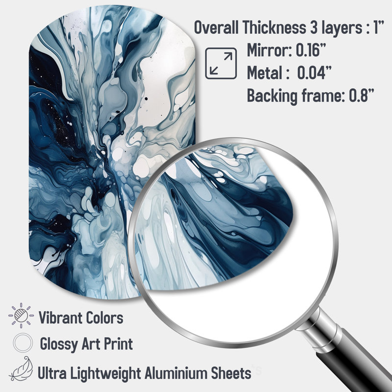 Cinque - art abstrait cylindrique en métal, impression asymétrique bleue sur métal, H 31 po x l 19 po