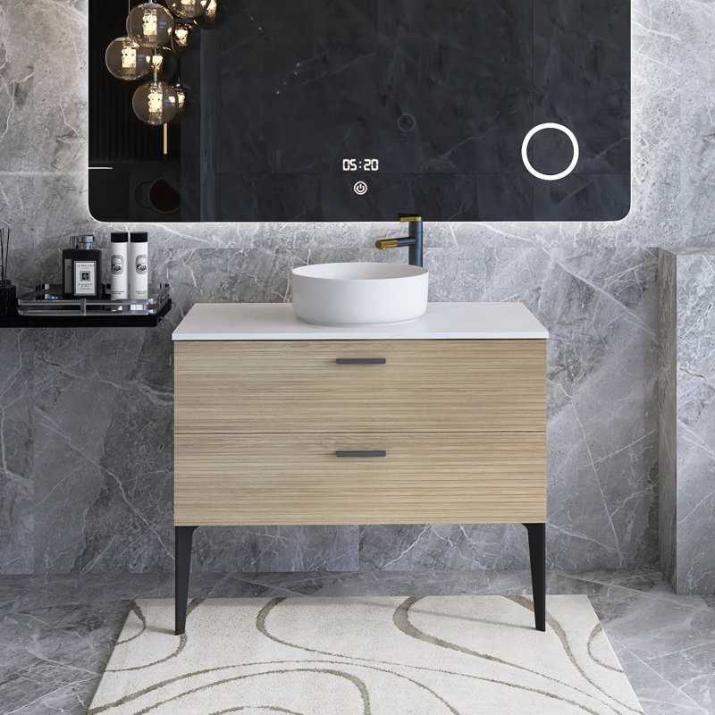 Meuble-lavabo autoportant moderne en chêne naturel rayé avec lavabo en céramique