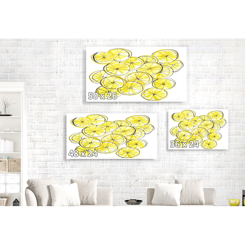 lemon Slices Wheels Cirles, On White, Citrus, Fruit, Yellow Of White, Print Of Line Drawing, 24" H x 36" W x 1.5" D