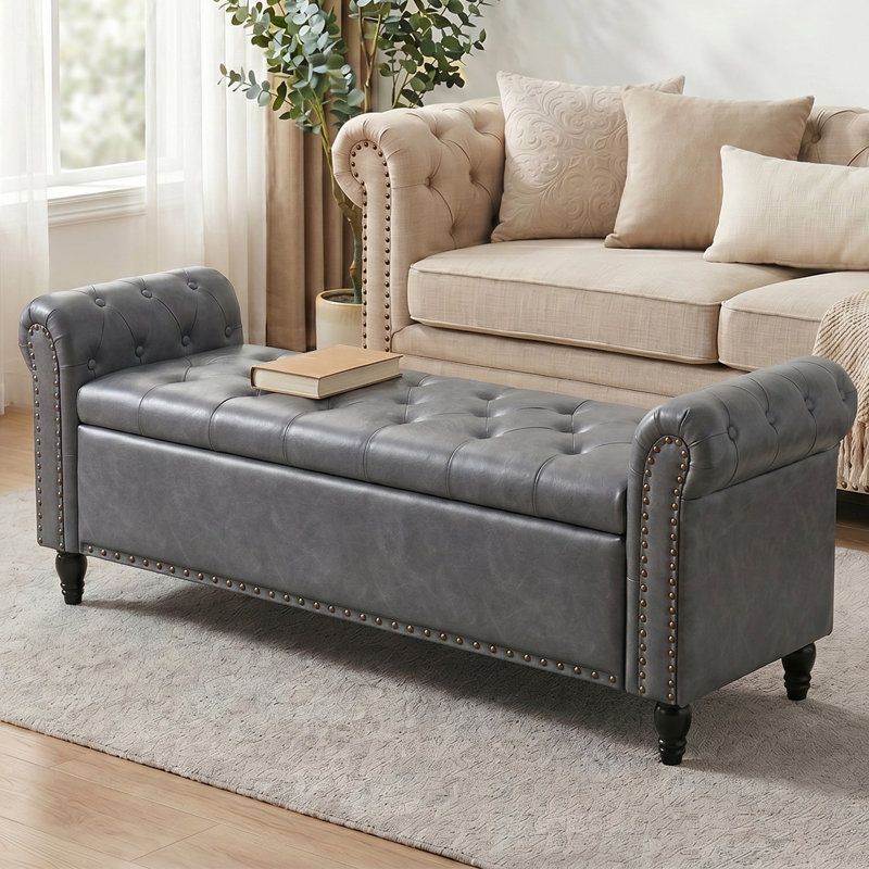 Banc de chambre à coucher avec rangement, Gris, H 22 po x l 55,7 po x P 18 po