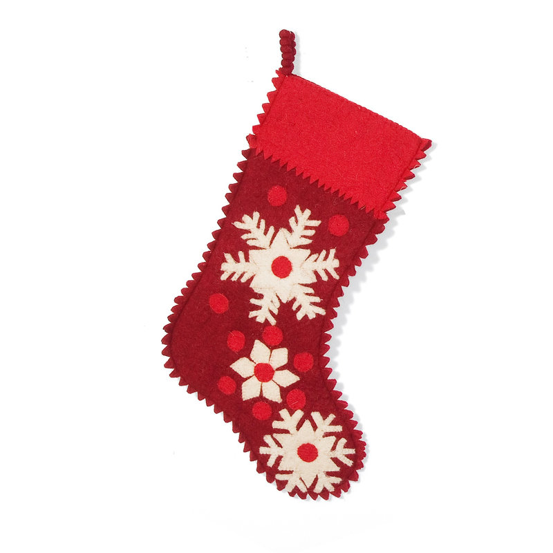 Hand-Felted Red Wool Christmas Stocking with Snowflakes