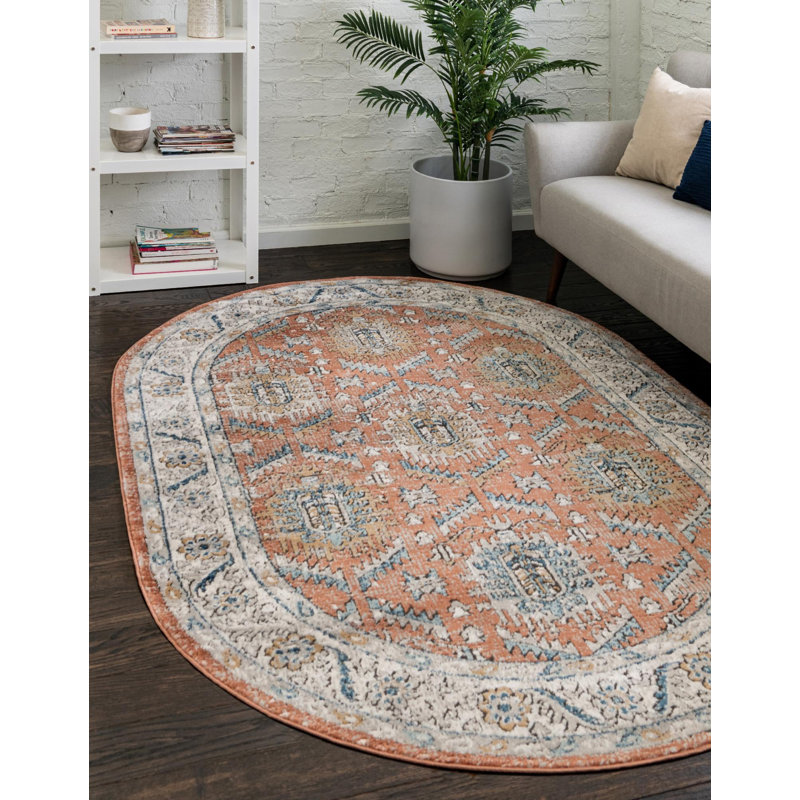 Tapis oriental pêche / gris / bleu Weingartner, Ovale 7 pi 10 po x 10 pi