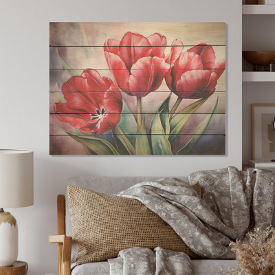 Tulips Tranquility - Tulips Wood Panel Wall Art On Natural Pine Wood