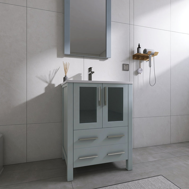 24" Single Bathroom Vanity with Ceramic Sink & Soft-Close Doors & Drawer- Solid Wood Frame & Easy-Clean Design, Gray, 24"