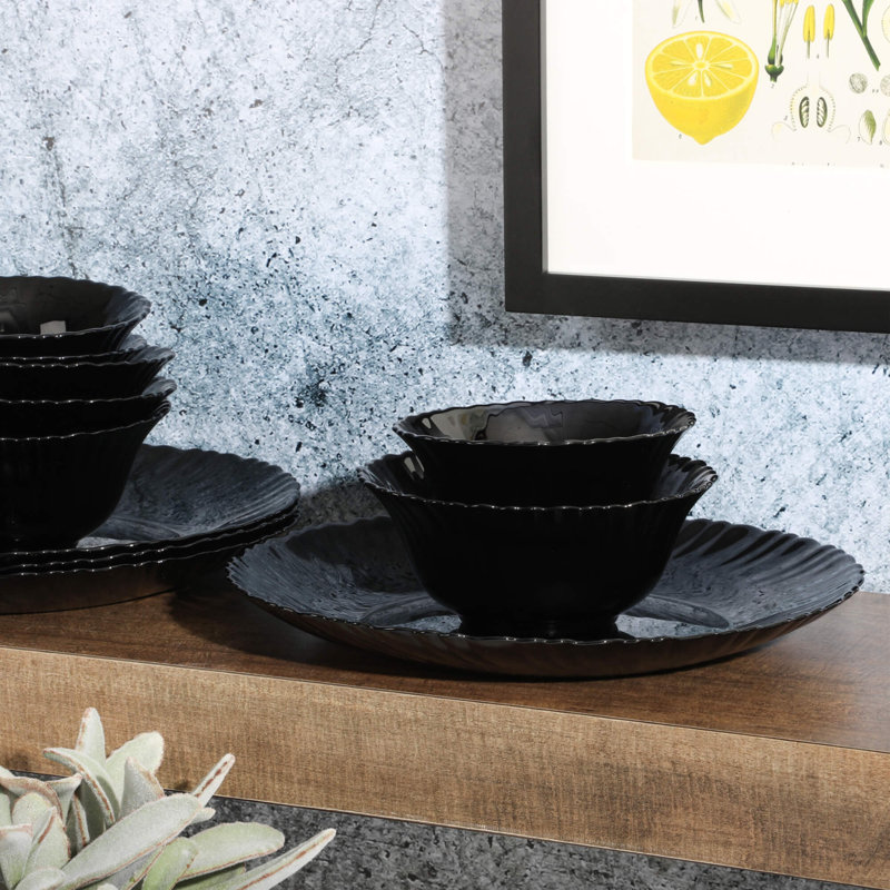 Ultra By Gibson Bandini 12 Piece Dinnerware Set, Black, Opal Glass
