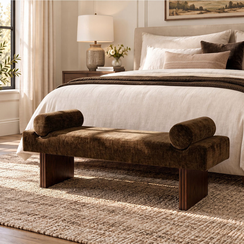 Banc rembourré en chenille l 60 po, Brun