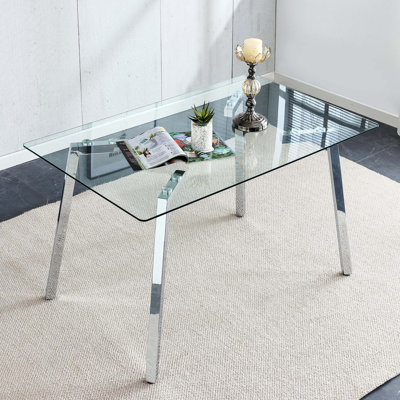 Table de salle à manger rectangulaire moderne en verre trempé pour 4 à 6 personnes, plateau en verre épais de 0,31 po avec pieds en métal plaqué, l 51 po x P 31 po x H 30 po, bureau de cuisine pour la maison