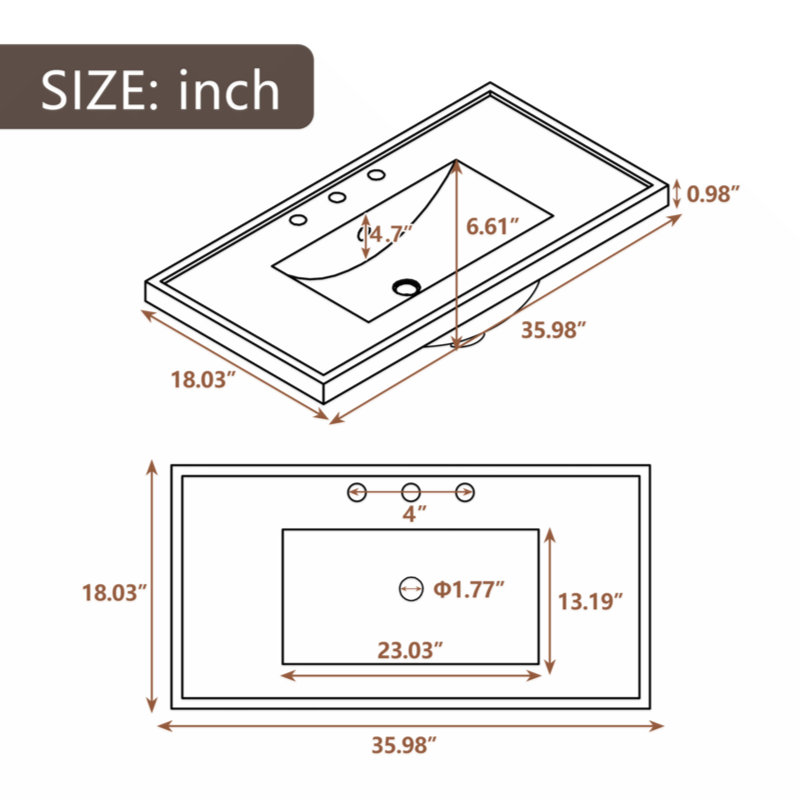 White Ceramic Rectangular Bathroom Sink with Pre-drilled Faucet Holes