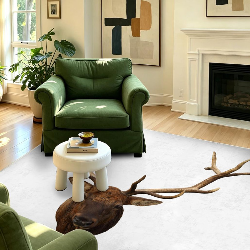 Tapis d'intérieur blanc lavable à la machine, motif tête de cerf et magnifiques bois, Rectangle 55 po x 79 po