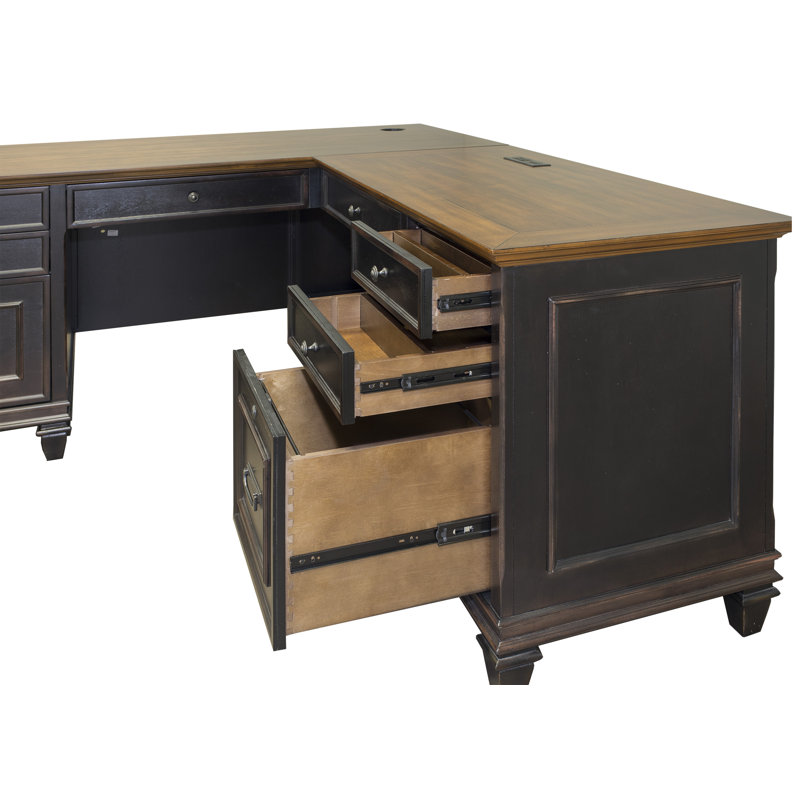 Django L-Shaped Solid Wood Base Executive Desk with Power Outlet