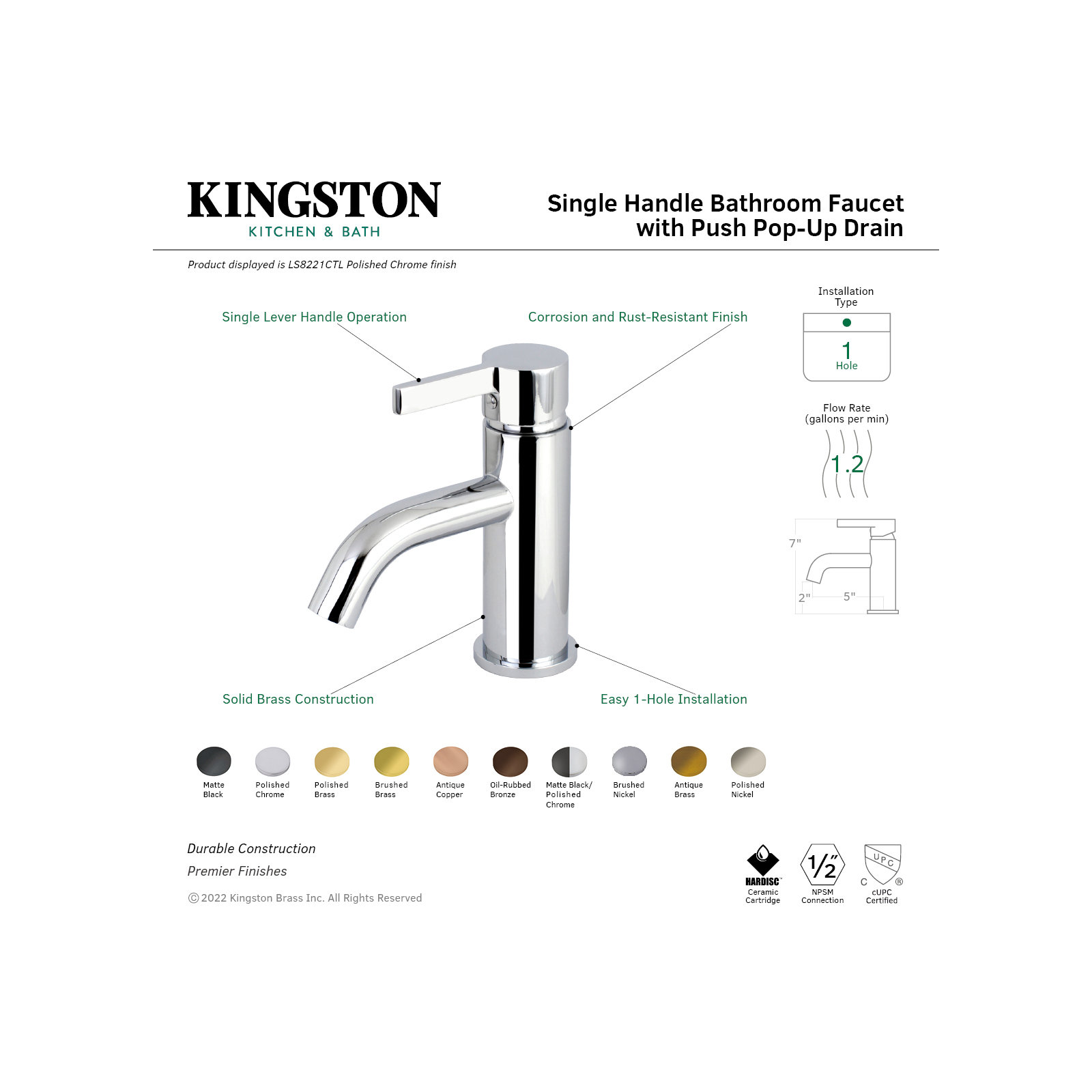 Kingston Brass Continental Single-Handle 1-Hole Deck Mount Bathroom Faucet with Push Pop-Up, Brushed Nickel