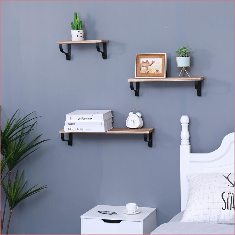 Ensemble de 3 tablettes flottantes murales rustiques en bois naturel avec supports en métal | Bois naturel | Métal et bois