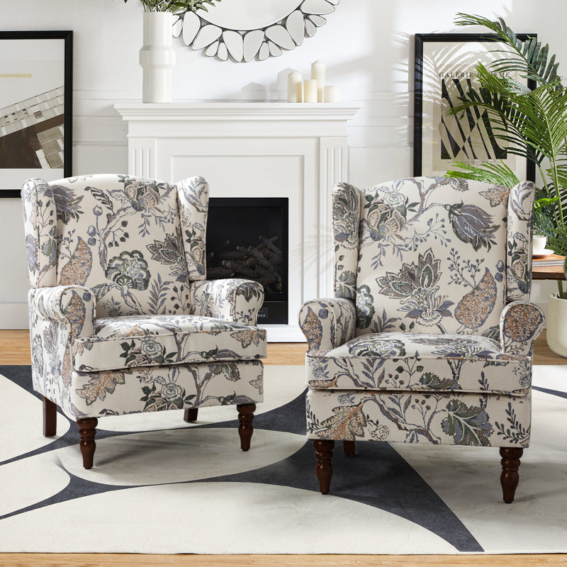 Fauteuil à oreilles 29 po Anayat, Mélange de polyester multicolore floral gris