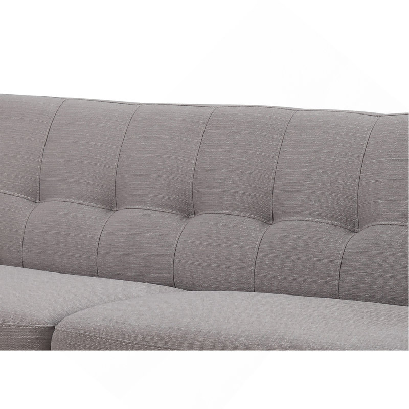 Canapé trois places en mélange de polyester avec structure matelassée, pieds en bois massif, rembourrage en mousse haute densité et 2 coussins décoratifs