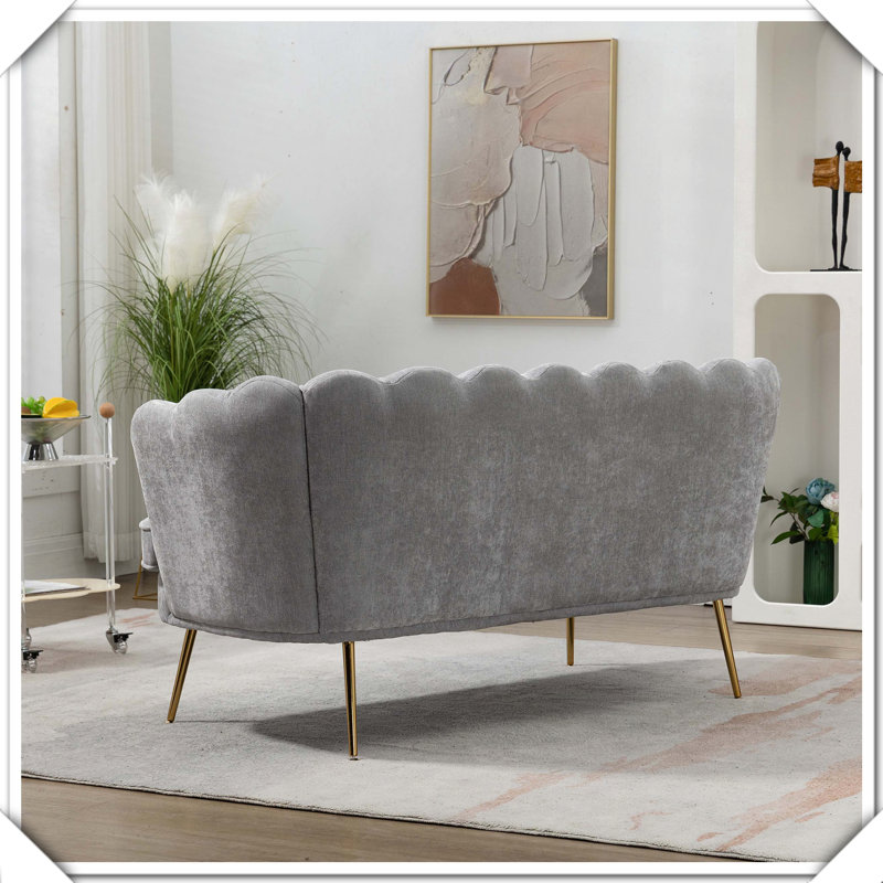 Causeuse moderne en chenille à deux places avec pieds en métal doré petit espace, Chenille gris pâle