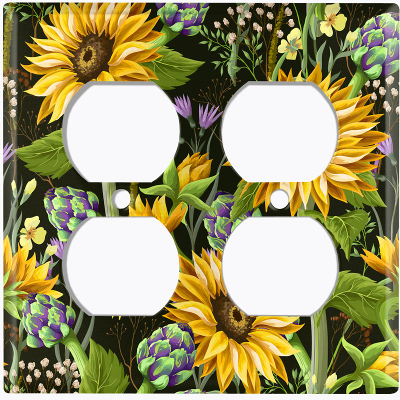 Sun Flower Purple Lavender Garden Black 2 - Gang Duplex Outlet Standard Wall Plate