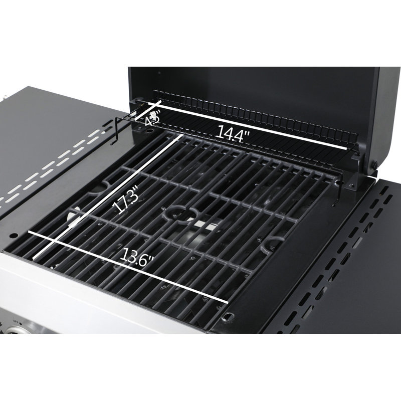 Barbecue au propane à 2 brûleurs, SS Plancha, puissance de 24 600 BTU avec grilles de cuisson en émail pour barbecue, table d'appoint pliable, panier suspendu, acier inoxydable