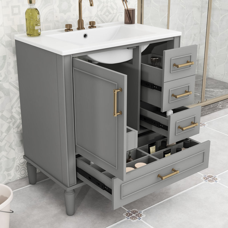 Meuble-lavabo simple autoportant en bois Fetush Modern avec lavabo en céramique et grand rangement, Gris