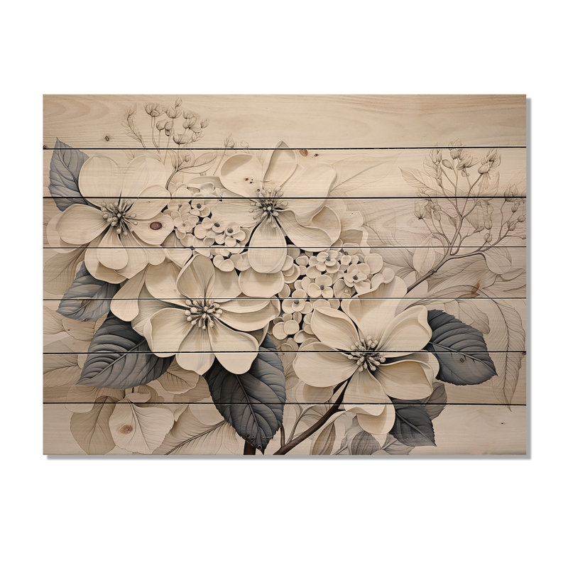 Grey Minimalism Hydrangea Delight I - Hydrangea Wood Wall Art On Natural Pine Wood, 24" H x 32" W