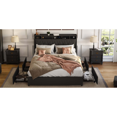 Full Size Bed Frame with Ergonomic Headboard, Full Platform Bed Frame with Outlets & Charger, Full Bed Frame with Storage Shelf, Bed Frame Full Size, Noise-Free, No Box Spring Needed