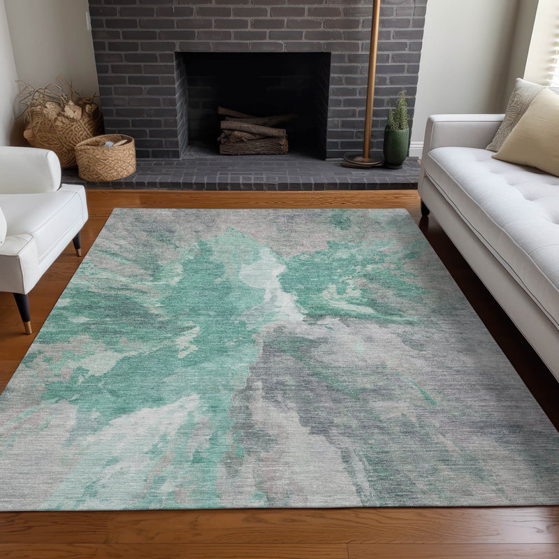 Machine Washable Indoor/Outdoor Claudian ACN1632 Teal Rug, Rectangle 5' x 7'6"