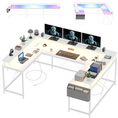 Bureau en forme de U avec prises électriques et éclairage DEL – Bureau réversible en forme de L de 200 cm, bureau d'angle avec support pour écran, blanc